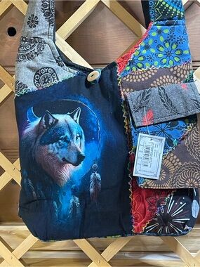 NWT Wolf Dreamcatcher Patchwork Shoulder Bag/Large Boho Crossbody/ Cotton